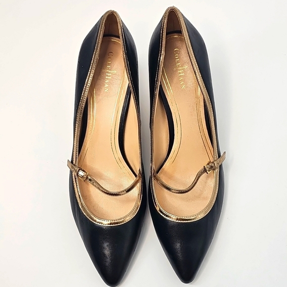 Cole Haan Black w Gold Trim Mary Jane Pointed Toe Pumps W Gold Heels Size: 9M - Picture 14 of 15